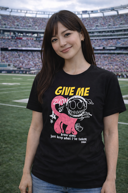 Cat Zyon “Give Me Zyon” Graphic T-Shirt – Bold Pink Street Art Tee